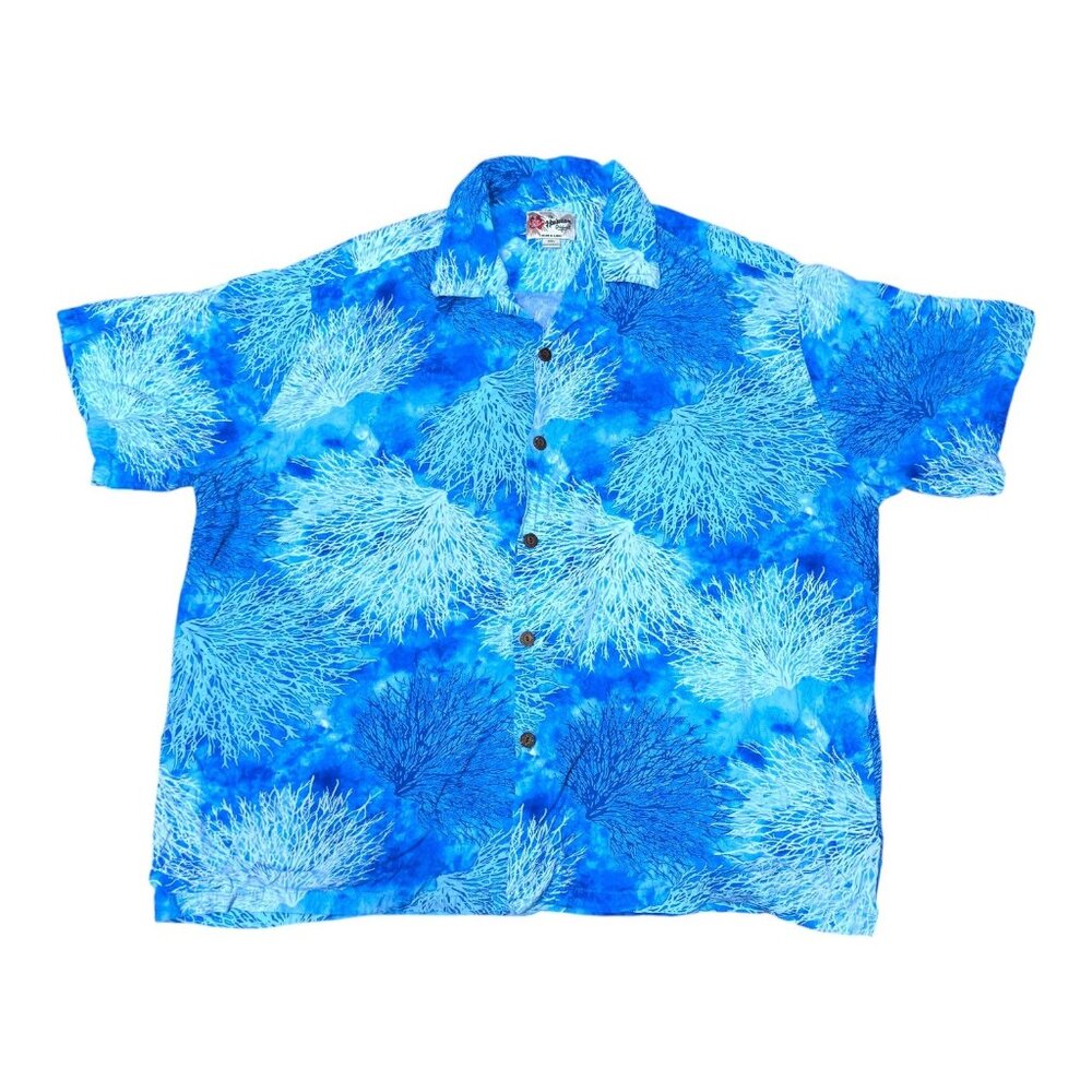 Hilo Hattie Hawaiian 3XL Blue Short Sleeve Shirt Camp Aloha Coral Fan Tropical